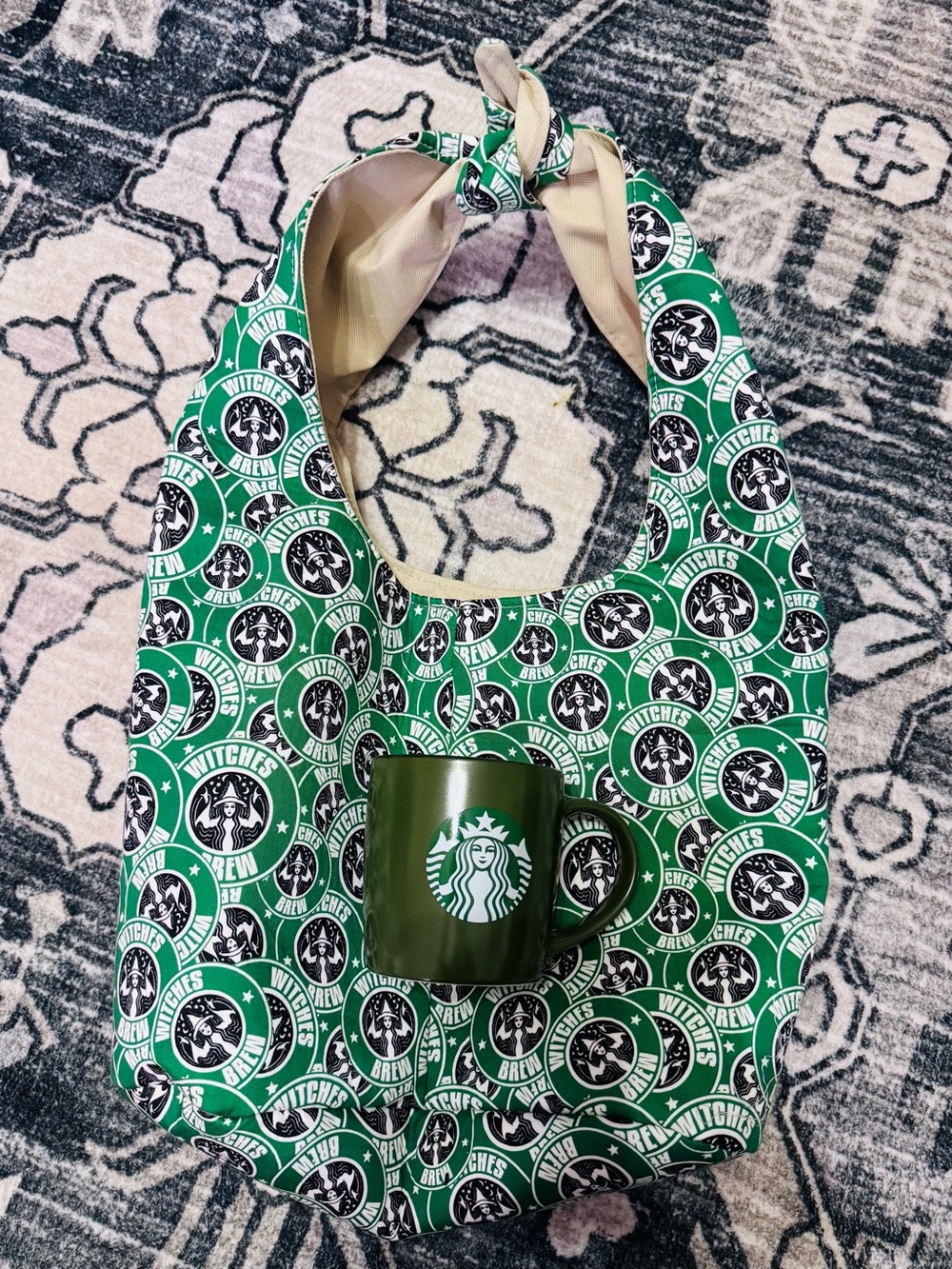 Canvas Tote with Black Label featuring a Witches Brew Pattern + Starbucks Mug
